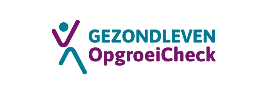 Logo van de GezondLeven OpgroeiCheck met de kleuren blauw en paars en een symbool van een vinkje.